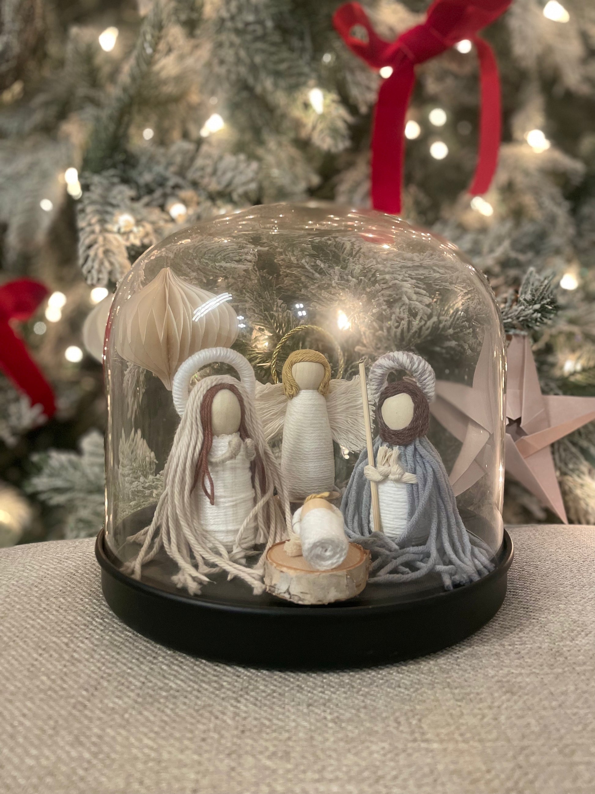 Nativity Set in Glass Dome with Angel